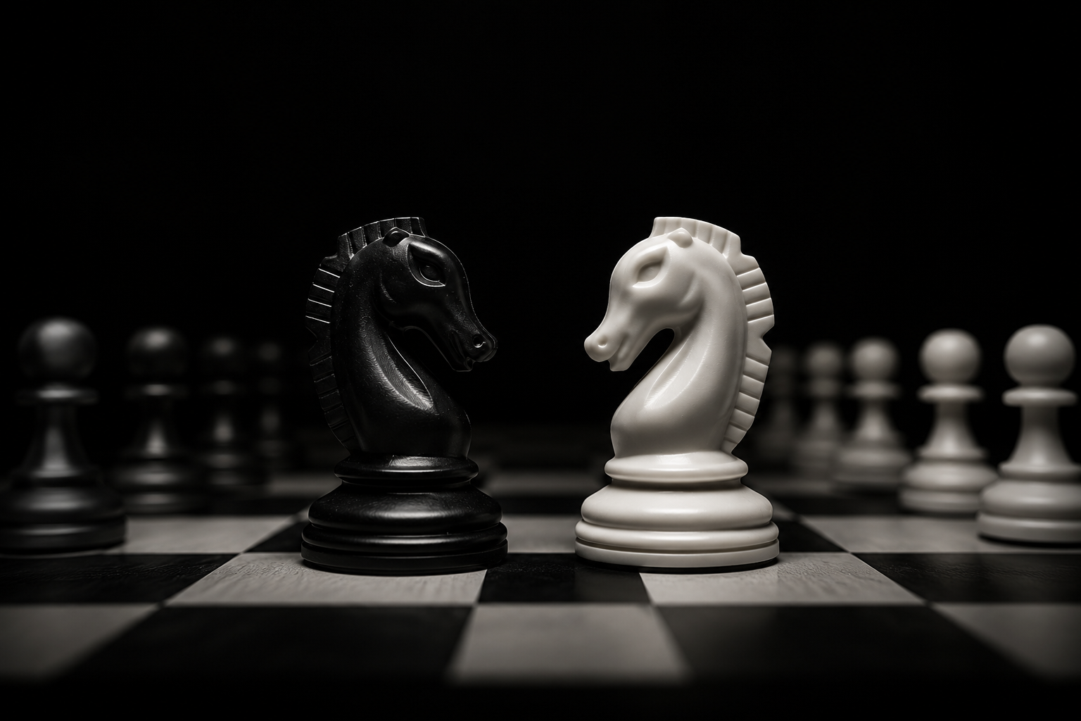 Black and white knight chess pieces facing each other